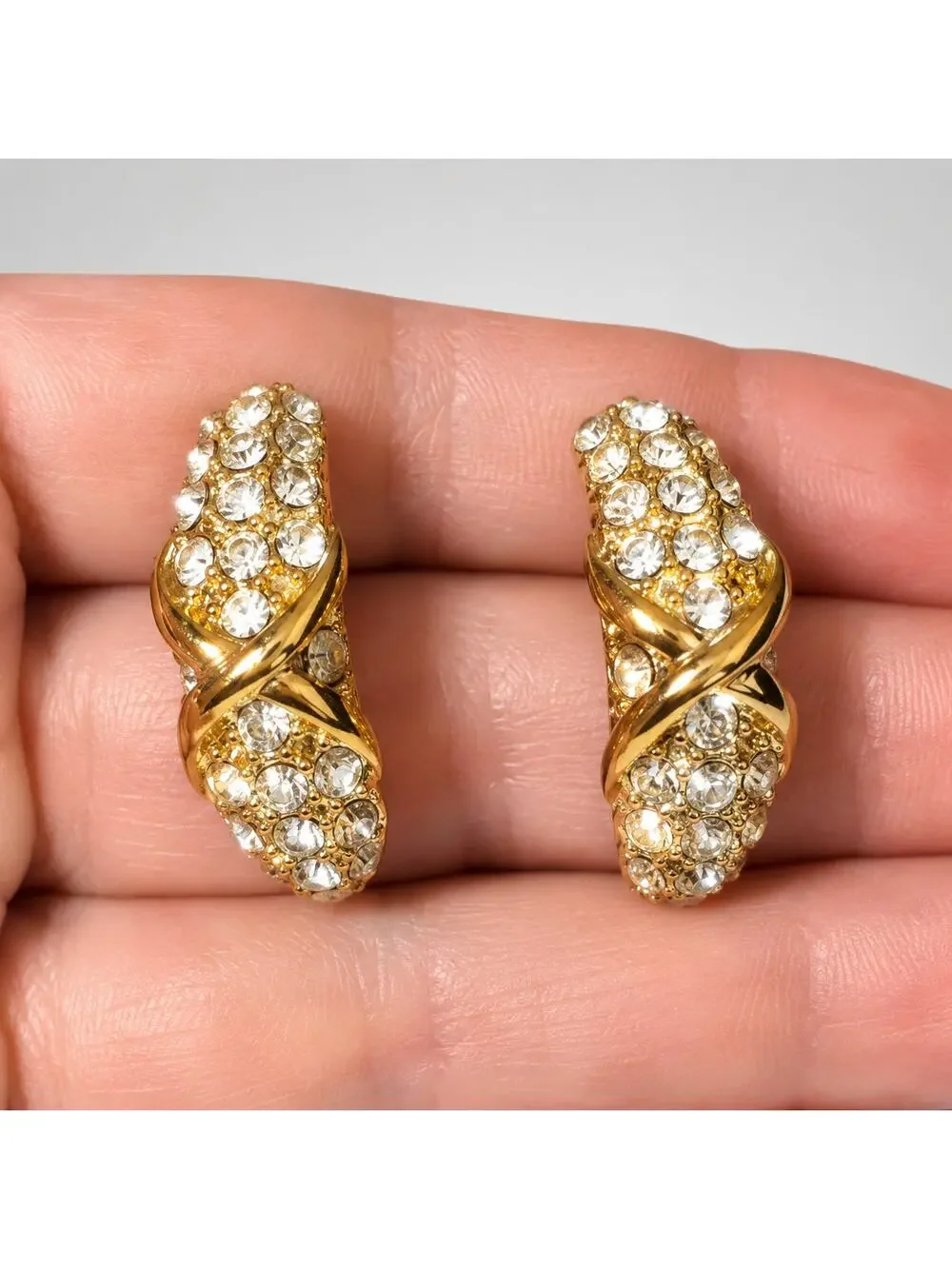 Rhinestone Pierced Earrings Gold-tone Crescents 1